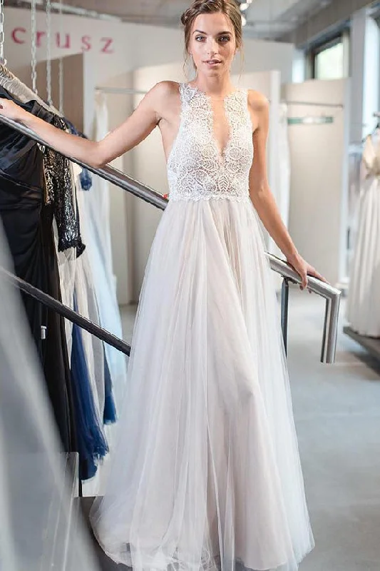 Wedding Dresses with Satin and Lace Trimmed Neckline and Ruffled Sleeves and Embroidered Skirt and Bow at the Back for a Sophisticated and Girly LookFloor-Length V-Neck A-line Ivory Wedding Dress with Lace