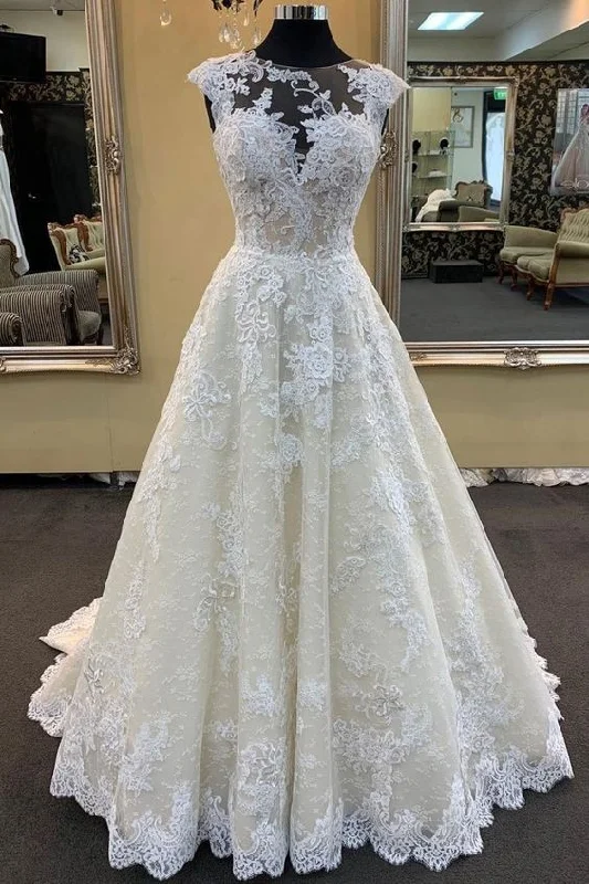 Floral - appliqued wedding dress for a feminine lookIvory Lace Round Neck Cap Sleeve Sweep Train Custom Size Wedding Dress, Formal Prom Dress cg16331 Floral - appliqued wedding dress for a feminine lookIvory Lace Round Neck Cap Sleeve Sweep Train Custom Size Wedding Dress, Formal Prom Dress cg16331
