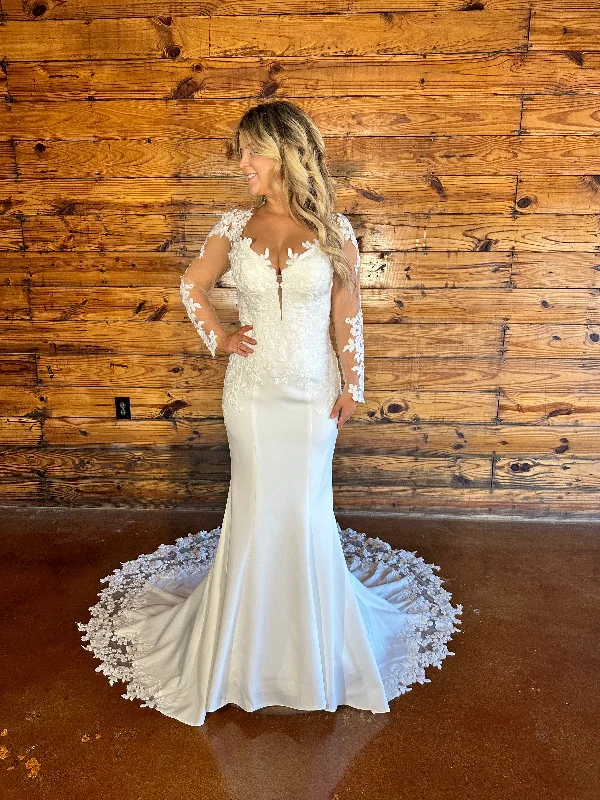 Wedding Dresses with Satin and Lace Trimmed Neckline and Ruffled Sleeves and Embroidered Skirt and Bow at the Back for a Sophisticated and Girly LookJessica Wedding Dress Wedding Dresses with Satin and Lace Trimmed Neckline and Ruffled Sleeves and Embroidered Skirt and Bow at the Back for a Sophisticated and Girly LookJessica Wedding Dress