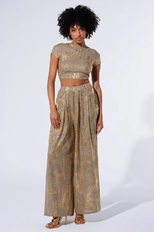 Leatherette pants for women in a cruelty - free optionJUST LIKE MAGIC METALLIC KNIT WIDE LEG PANT IN GREEN MULTI