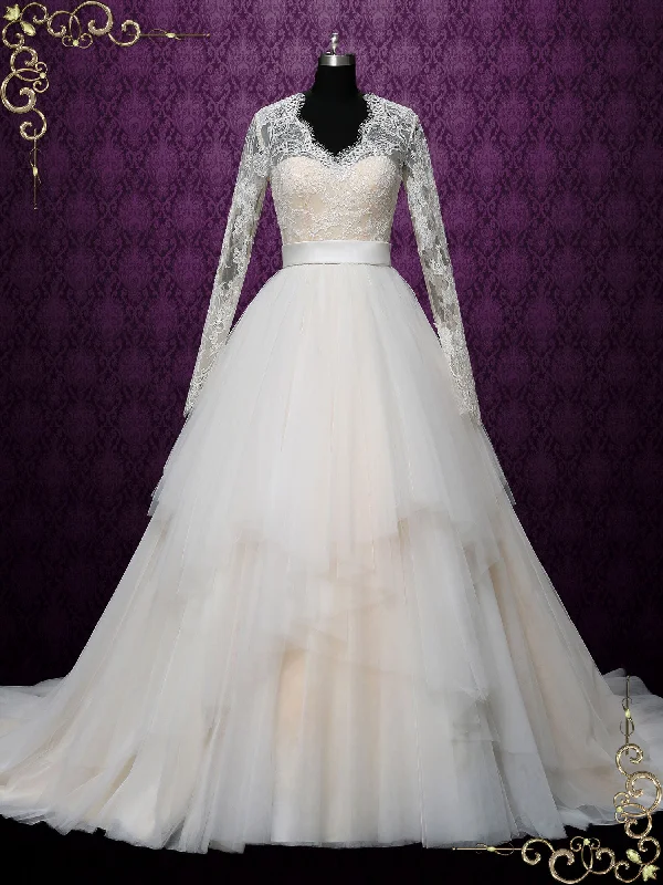 Wedding Dresses with Tulle Overlay and Beaded Bodice and High Low Hem and Embroidered Birds for a Dramatic and Graceful LookLace Ball Gown Wedding Dress with Sleeves RYLEIGH Wedding Dresses with Tulle Overlay and Beaded Bodice and High Low Hem and Embroidered Birds for a Dramatic and Graceful LookLace Ball Gown Wedding Dress with Sleeves RYLEIGH