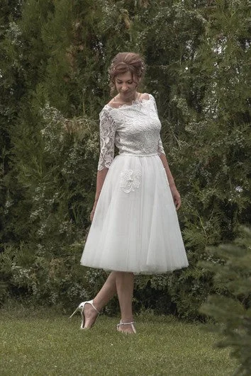 Bohemian Style Lace Wedding Dresses with Bell Sleeves for Outdoor WeddingsLace Bodice Tulle Tea Length Dress With Lace Pocket Bohemian Style Lace Wedding Dresses with Bell Sleeves for Outdoor WeddingsLace Bodice Tulle Tea Length Dress With Lace Pocket