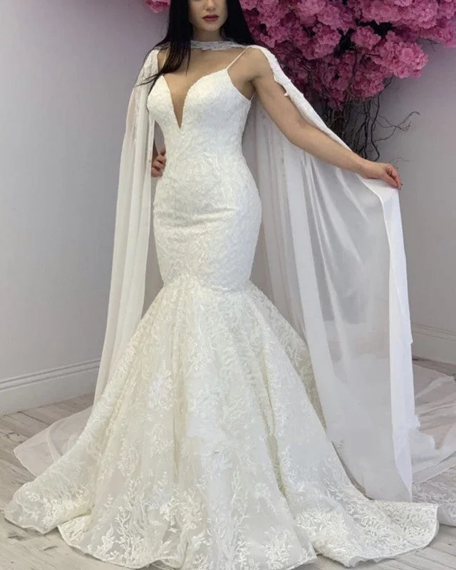 Antique - inspired lace wedding dress with long sleevesLace V Neck Mermaid Wedding Dresses Cape Back Antique - inspired lace wedding dress with long sleevesLace V Neck Mermaid Wedding Dresses Cape Back