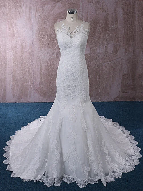 Chiffon - draped empire waist wedding dressLace Mermaid Wedding Dress with Illusion Neckline | QT815015