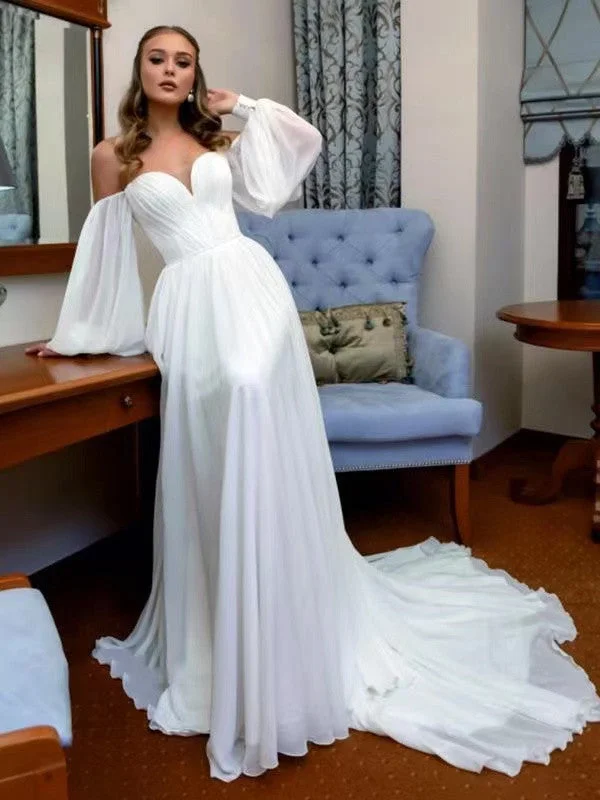 Sparkly sequined wedding dress for a glamorous brideLong Bubble Sleeves Wedding Dresses, A-line Fashion Bridal Gowns, Simple Newest Chiffon Wedding Dresses Sparkly sequined wedding dress for a glamorous brideLong Bubble Sleeves Wedding Dresses, A-line Fashion Bridal Gowns, Simple Newest Chiffon Wedding Dresses