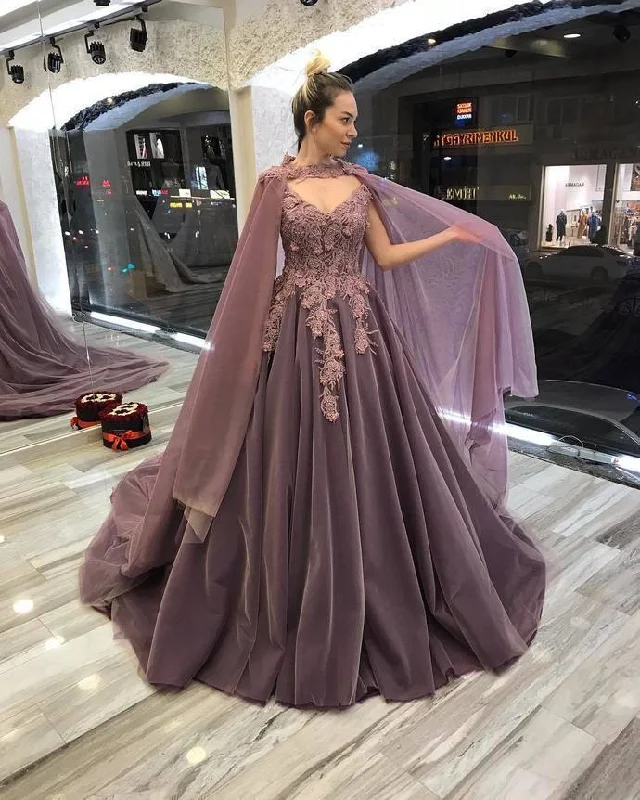 Formal satin wedding dress with a long trainLong Prom Dress,Gorgeous Cape Ball Gown Wedding Dress Lace Appliques Beaded Women Bridal Gowns   cg13124