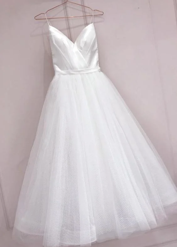 Sweetheart - neckline ball gown wedding dresslong prom dress Simple White Tulle With Satin V-Neckline Tea Length Wedding Dress, Simple White Party Dress cg14690 Sweetheart - neckline ball gown wedding dresslong prom dress Simple White Tulle With Satin V-Neckline Tea Length Wedding Dress, Simple White Party Dress cg14690