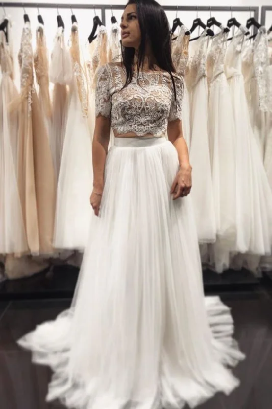Cape - backed wedding dress for a dramatic entrancelong prom dress two piece white jewel 1/2 sleeves full length fanshion dress,applique lace tulle wedding dress cg19869 Cape - backed wedding dress for a dramatic entrancelong prom dress two piece white jewel 1/2 sleeves full length fanshion dress,applique lace tulle wedding dress cg19869