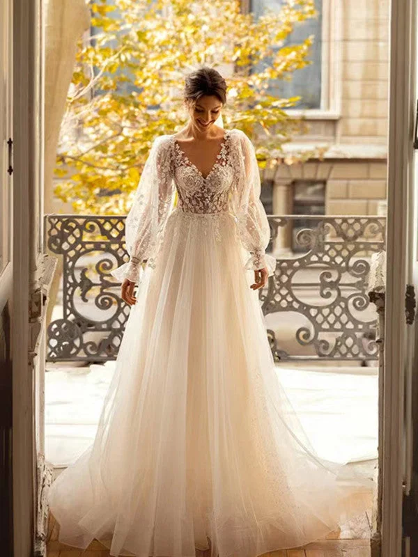 Fit - and - flare wedding dress with a big bowLong Sleeves Lace Wedding Dresses, Elegant V-neck Bridal Gowns, Newest Popular Wedding Gowns