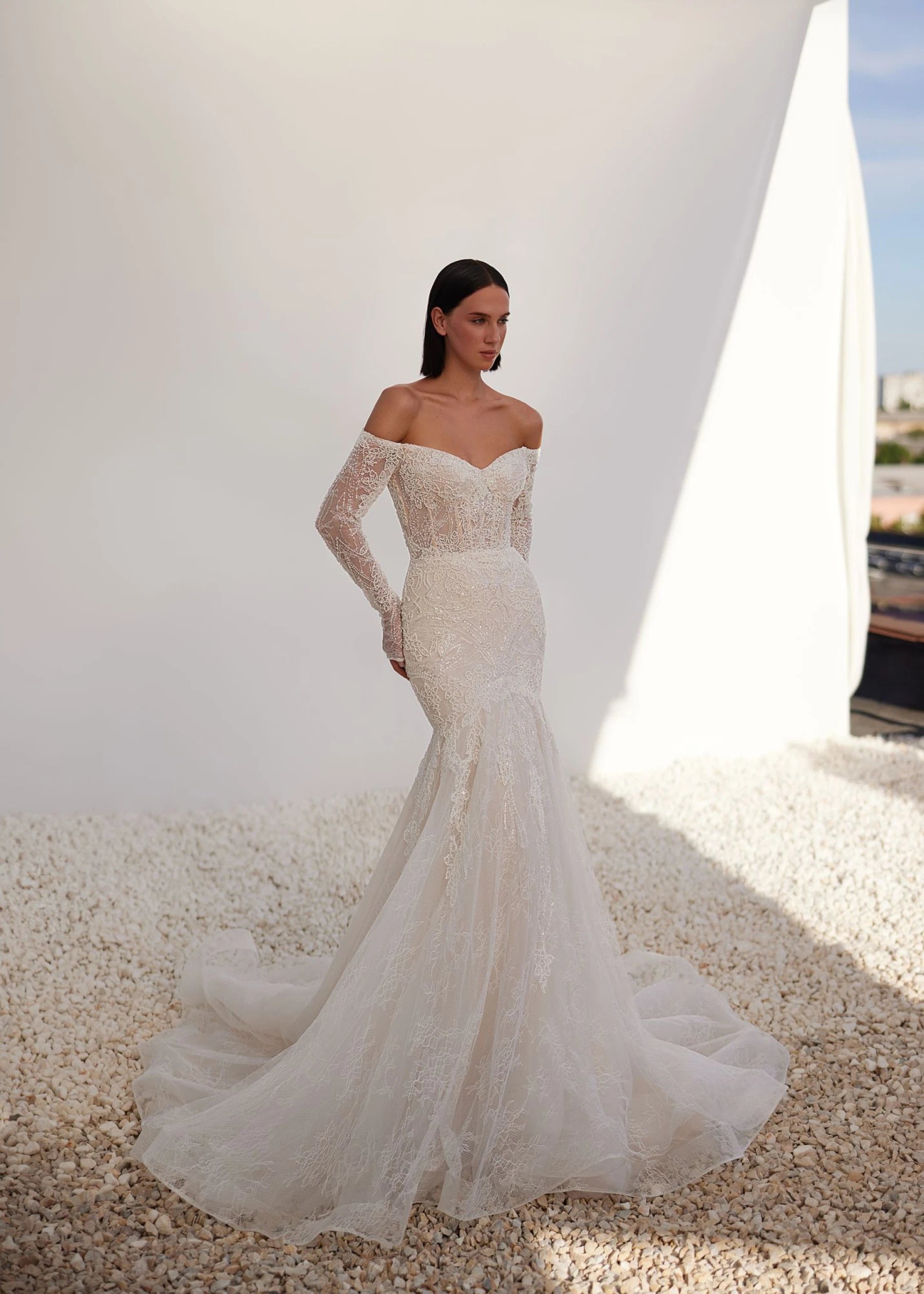 Bohemian - style off - the - shoulder wedding dressMarble