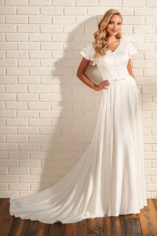 Backless sweetheart neckline wedding dressMOD220 by Mon Cheri Modest