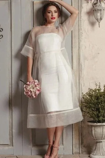 Crochet - detail bohemian wedding dressModern A Line Organza Tea-length Half Sleeve Button Wedding Dress Crochet - detail bohemian wedding dressModern A Line Organza Tea-length Half Sleeve Button Wedding Dress