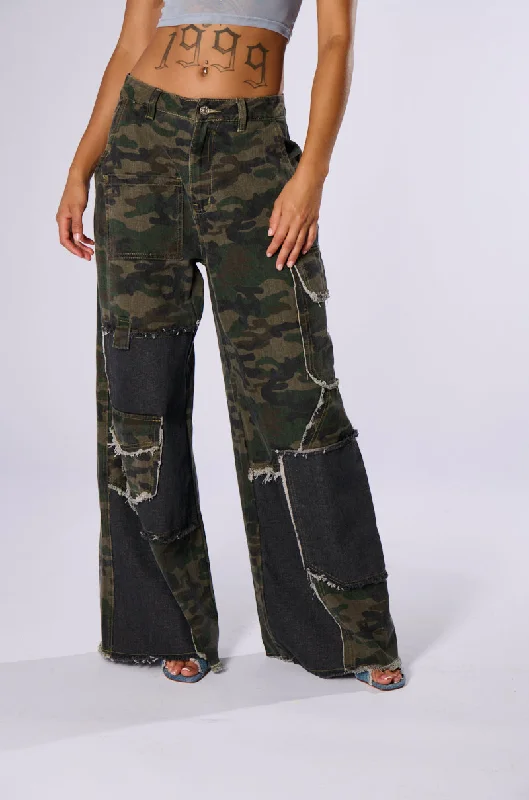 Patchwork wide leg denim pants for women in a creative and unique styleMORE TIME FOR FUN CAMO PANT