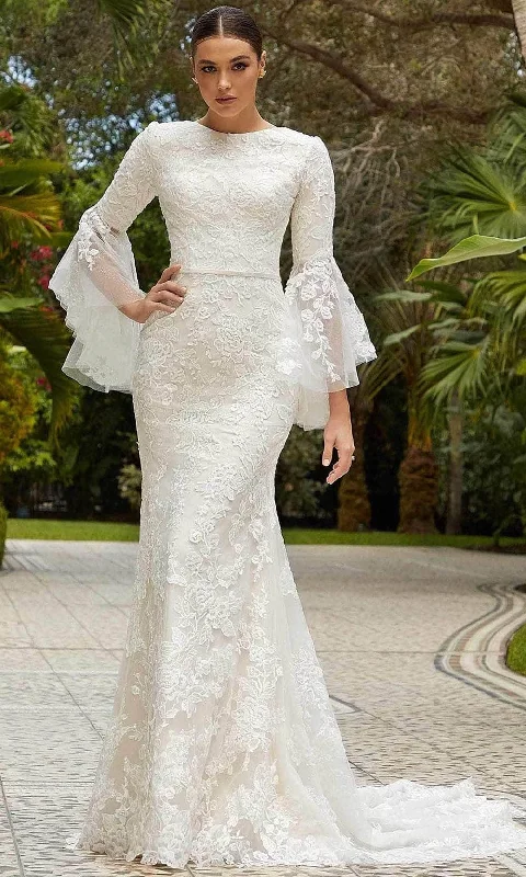 Lace - over - satin wedding dress for a classic combinationMori Lee Bridal 30123 - Bateau Neck Elbow Length Sleeve Wedding Dress