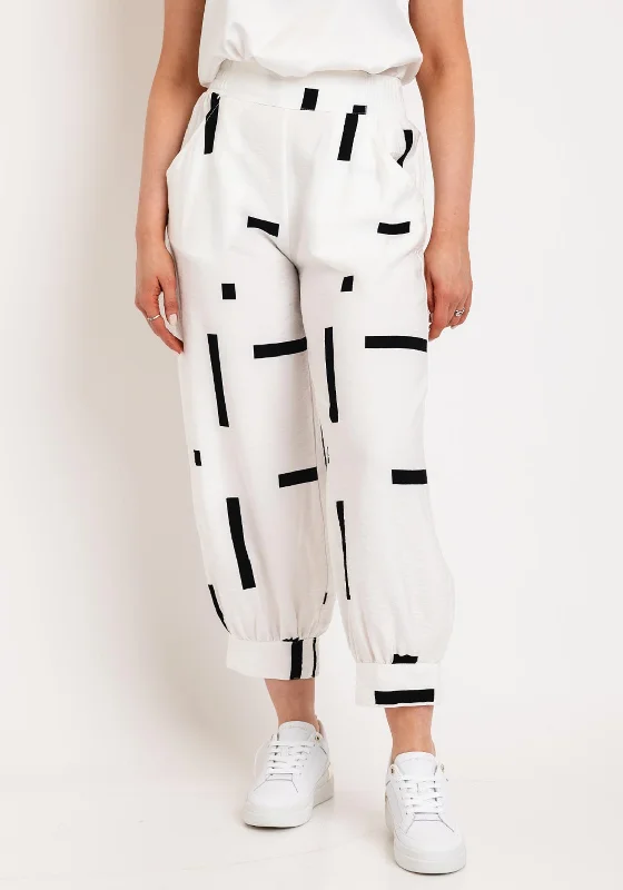 Drawstring linen pants for women in a casual and breathable styleMy Soul Contrast Print Relaxed Cuff Trousers, White & Black Drawstring linen pants for women in a casual and breathable styleMy Soul Contrast Print Relaxed Cuff Trousers, White & Black