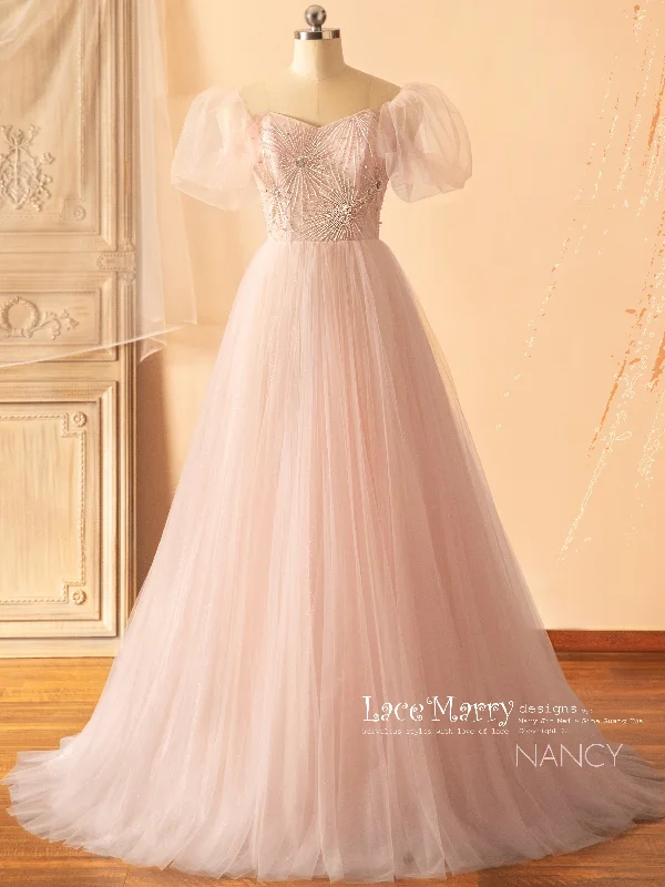 Plus - size ball gown wedding dressNANCY / Light Pink Wedding Dress with Off Shoulder Puff Sleeves Plus - size ball gown wedding dressNANCY / Light Pink Wedding Dress with Off Shoulder Puff Sleeves