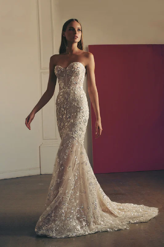 Wedding Dresses with Sequined Geometric Shapes and Lace and Chiffon Blend and Ruffled Sleeves and Belt for a Modern and Dramatic LookNelli Wedding Dresses with Sequined Geometric Shapes and Lace and Chiffon Blend and Ruffled Sleeves and Belt for a Modern and Dramatic LookNelli