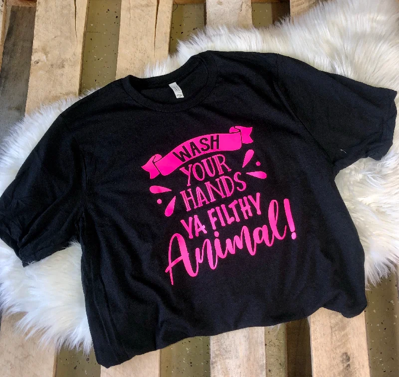 Cropped women's T - shirt with a pom - pom trimNeon Pink Wash Your Hands, Ya Filthy Animal Tee