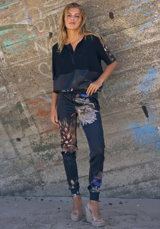 High waisted cargo pants for women in military styleNu Denmark Tea Floral Print Satin Feel Jogger Trousers, Black Mix