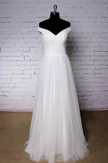 Wedding Dresses with Cut Out Details and Lace Insertions for a Bold and Feminine LookOff-The-Shoulder V-Neck A-Line Pleated Tulle Dress With Crisscross Bodice