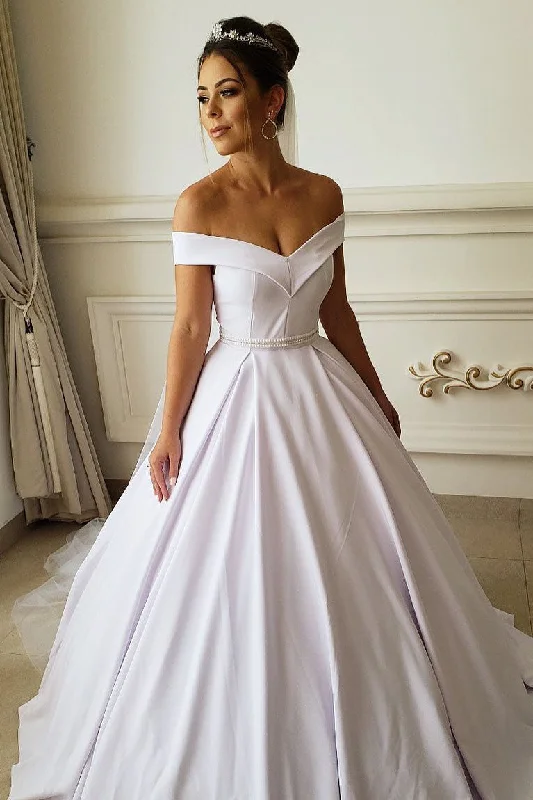 Belted sheath wedding dress for a sleek lookPrincess A-line Off the Shoulder White Wedding Dress with Beads Belted sheath wedding dress for a sleek lookPrincess A-line Off the Shoulder White Wedding Dress with Beads