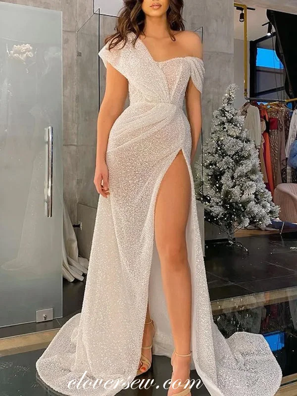 Beach - appropriate short wedding dressOff White Sequin Shiny Fashion Sheath With High Slit Evening Dresses, CP0778 Beach - appropriate short wedding dressOff White Sequin Shiny Fashion Sheath With High Slit Evening Dresses, CP0778