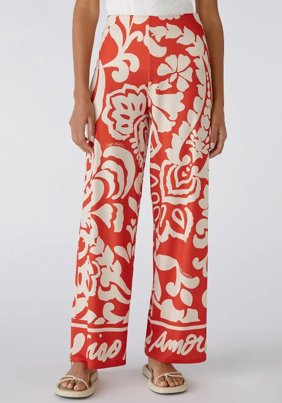 Linen blend wide leg jeans for women in a breezy and natural styleOui Paisley Silk Touch Wide Leg Trouser, Red & White