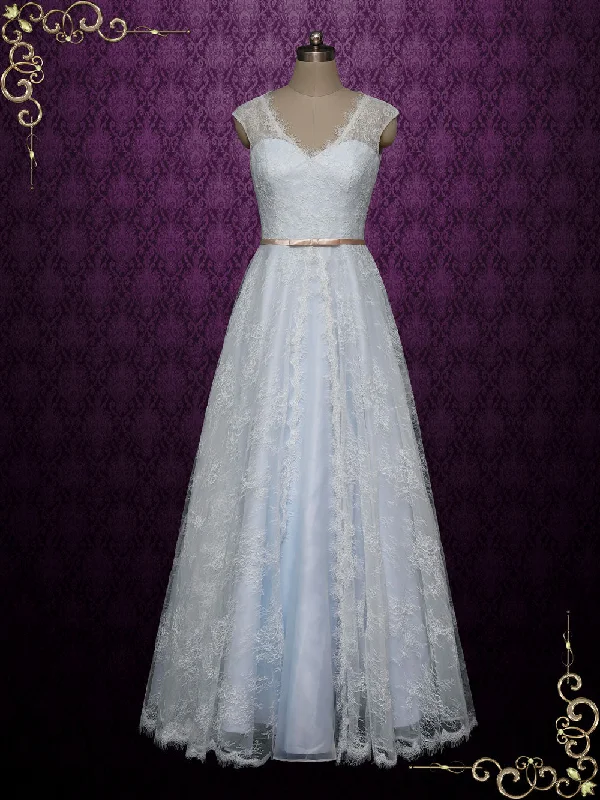 Plunging - neckline wedding dress for a bold lookPastel Blue Lace Overlay Wedding Dress POLINA Plunging - neckline wedding dress for a bold lookPastel Blue Lace Overlay Wedding Dress POLINA