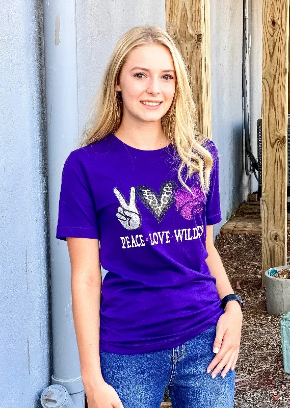 Printed women's T - shirt with a geometric - floral patternPeace Love Wildcats Dark Purple Tee