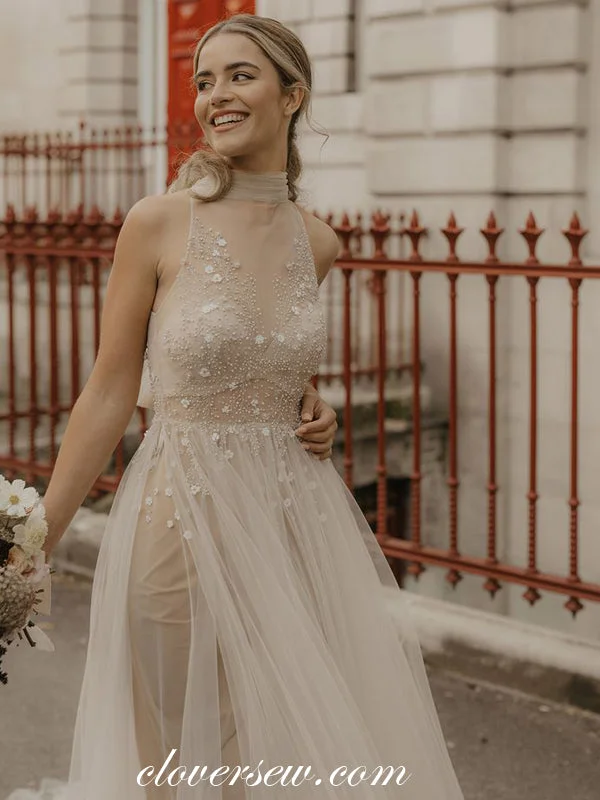 Lace - over - satin wedding dress for a classic combinationPink Champagne Tulle Beaded Lace Illusion Tulle High Neck Wedding Dresses, CW0293 Lace - over - satin wedding dress for a classic combinationPink Champagne Tulle Beaded Lace Illusion Tulle High Neck Wedding Dresses, CW0293