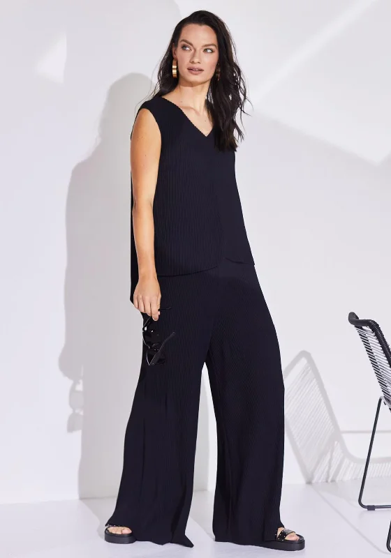 Embroidered wide leg linen pants for women in a natural and elegant styleNaya Pleated Wide Leg Trouser, Black