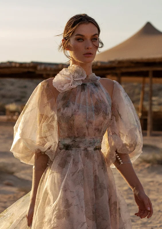 Drop - waist 1920s - style wedding dressPuffy Long Sleeve Floral Print Gown