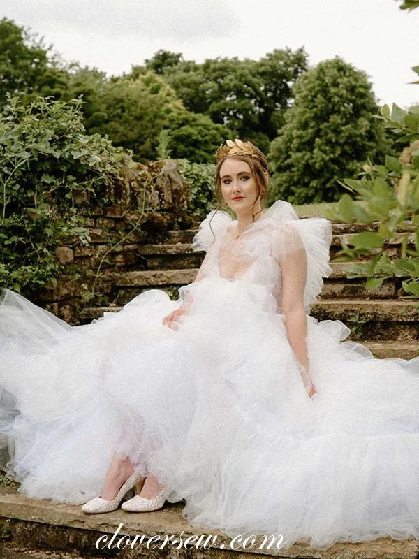 Plus - size A - line wedding dress for a comfortable fitPuffy Pleating Tulle V-neck Tiered A-line Designer Wedding Dresses, CW0290