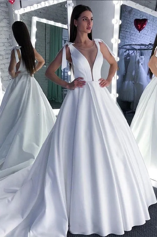 Engagement - party - worthy short wedding dressPure White Satin Wedding Dress Illusion Plunging Neckline Engagement - party - worthy short wedding dressPure White Satin Wedding Dress Illusion Plunging Neckline