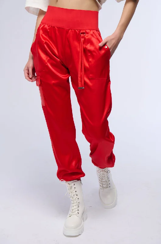 Wide leg silk blend pants for women in a luxurious and flowy styleRICH GIRL ENERGY SATIN HIGH WAIST JOGGER PANT