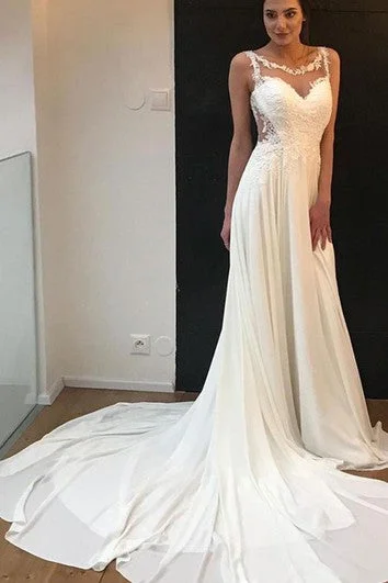 Strapless mermaid wedding dress for a sleek silhouetteRomantic A Line Chiffon Bateau Sleeveless Wedding Dress with Appliques Strapless mermaid wedding dress for a sleek silhouetteRomantic A Line Chiffon Bateau Sleeveless Wedding Dress with Appliques