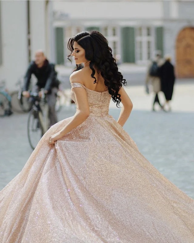 High - low hem wedding dress for a trendy touchRose Gold Sequin Ball Gown Dresses Off-the-shoulder High - low hem wedding dress for a trendy touchRose Gold Sequin Ball Gown Dresses Off-the-shoulder