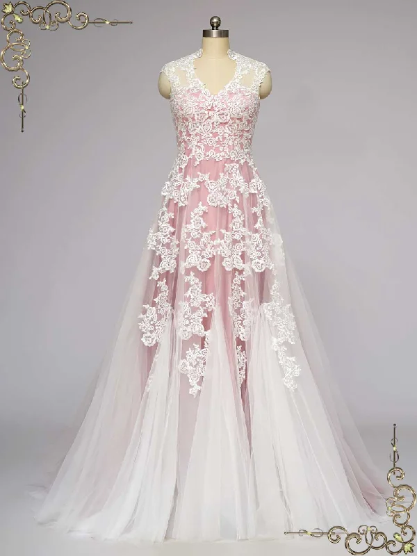 Fit - and - flare wedding dress with a big bowRose Pink Lace Wedding Dress KORYNNE