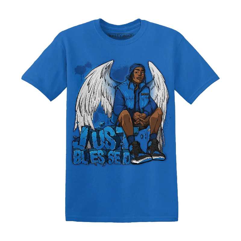 Printed women's T - shirt with a retro - inspired patternNastyJamz Royal Reimagined 1s T Shirt Match Just Blessed