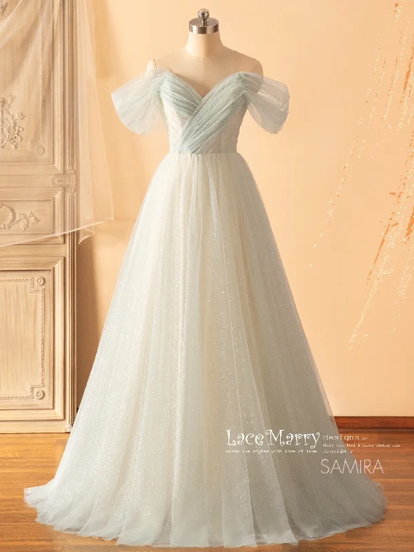 Drop - waist 1920s - style wedding dressSAMIRA / Light Green Wedding Dress with Off Shoulder Straps Drop - waist 1920s - style wedding dressSAMIRA / Light Green Wedding Dress with Off Shoulder Straps
