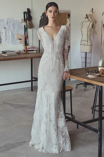 Beach - appropriate short wedding dressSexy Mermaid Bohemian Illusion Long Sleeve Lace Bridal Gown With Plunging Beach - appropriate short wedding dressSexy Mermaid Bohemian Illusion Long Sleeve Lace Bridal Gown With Plunging