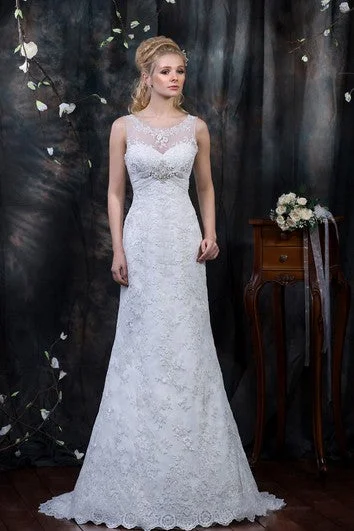 Pearl - studded wedding dress for a refined lookSheath Floor-Length V-Neck Sleeveless Low-V-Back Lace Dress With Appliques And Beading Pearl - studded wedding dress for a refined lookSheath Floor-Length V-Neck Sleeveless Low-V-Back Lace Dress With Appliques And Beading