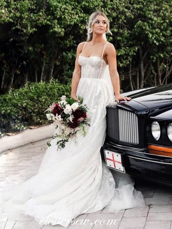 Lace - up back wedding dress for a customizable fitShiny Sequined Tulle Spaghetti Strap Fashion Sparkly Wedding Dresses, CW0300