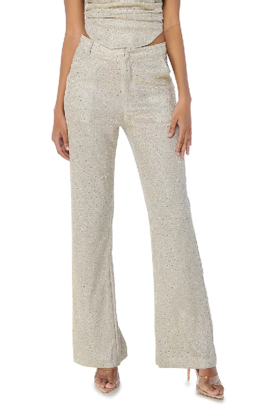 Recycled polyester pants for women in an eco - conscious choiceSHOW OFF SEASON EMBELLISHED TROUSER IN SILVER Recycled polyester pants for women in an eco - conscious choiceSHOW OFF SEASON EMBELLISHED TROUSER IN SILVER