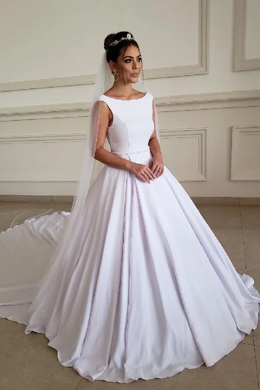 Open - back wedding dress for a sexy lookLong A-line Boat Neck White Wedding Dress with Beads Open - back wedding dress for a sexy lookLong A-line Boat Neck White Wedding Dress with Beads