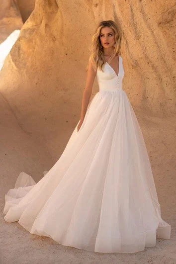 Affordable minimalist wedding dress for budget bridesSleeveless V-neck With Button Details And V-back Tulle A-line Wedding Dress Affordable minimalist wedding dress for budget bridesSleeveless V-neck With Button Details And V-back Tulle A-line Wedding Dress