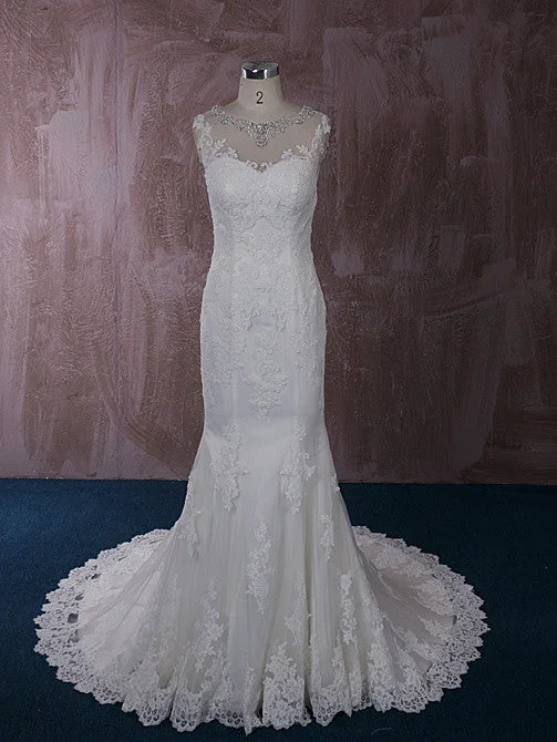 Polka - dot wedding dress for a fun touchSlim Mermaid Lace Wedding Dress with Illusion Neckline | QT815002 Polka - dot wedding dress for a fun touchSlim Mermaid Lace Wedding Dress with Illusion Neckline | QT815002