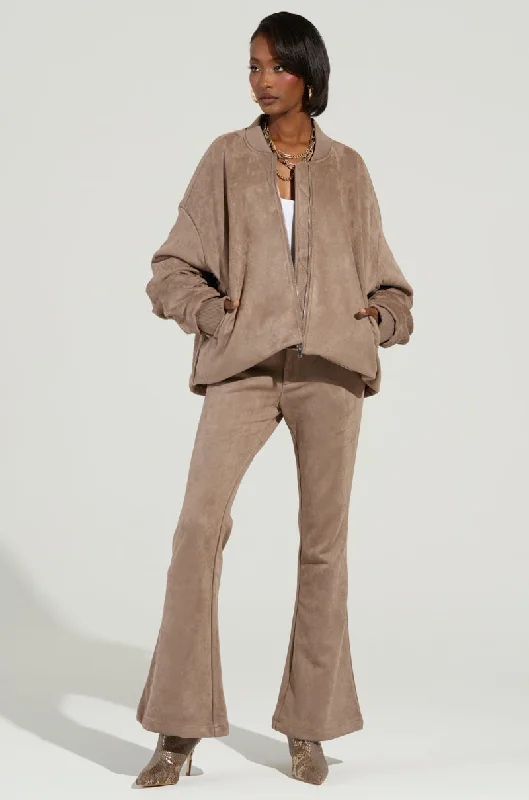 Polyester blend wide leg dress pants for women in a durable and formal styleSOFIA FAUX SUEDE FLARE PANTS