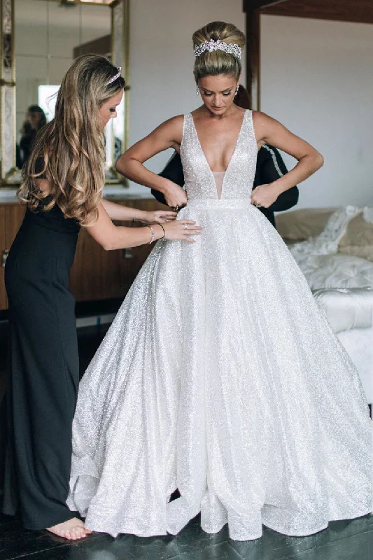 Gothic - inspired wedding dress for an edgy brideSparkly A-line Long Deep V-Neck Princess White Wedding Dress