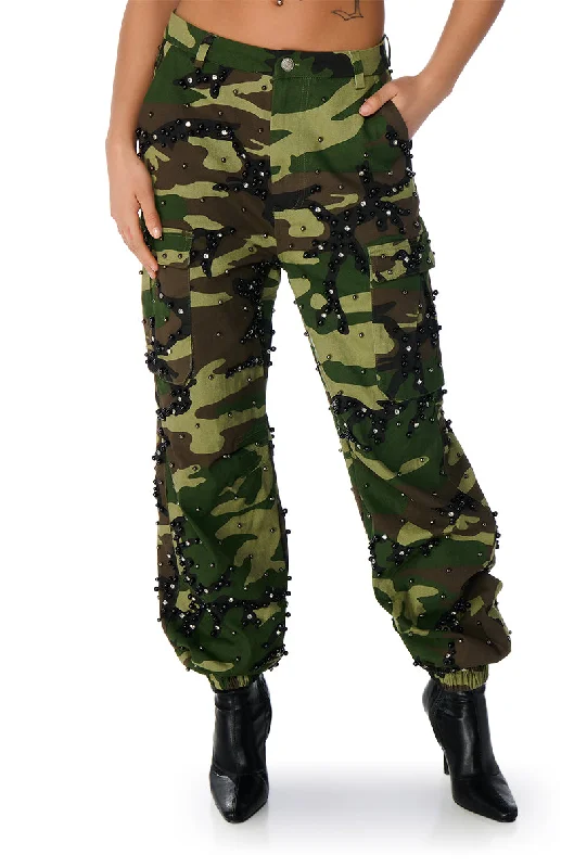 Polyester blend pants for women in durabilitySTANDING OVATION CAMO JOGGER PANT